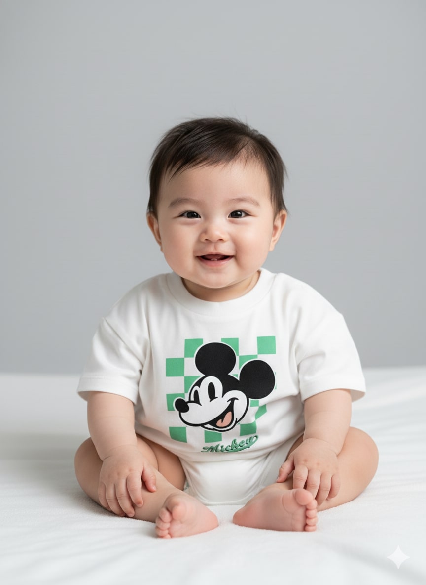 Baby wearing a white onesie with a Mickey Mouse graphic on a gray background