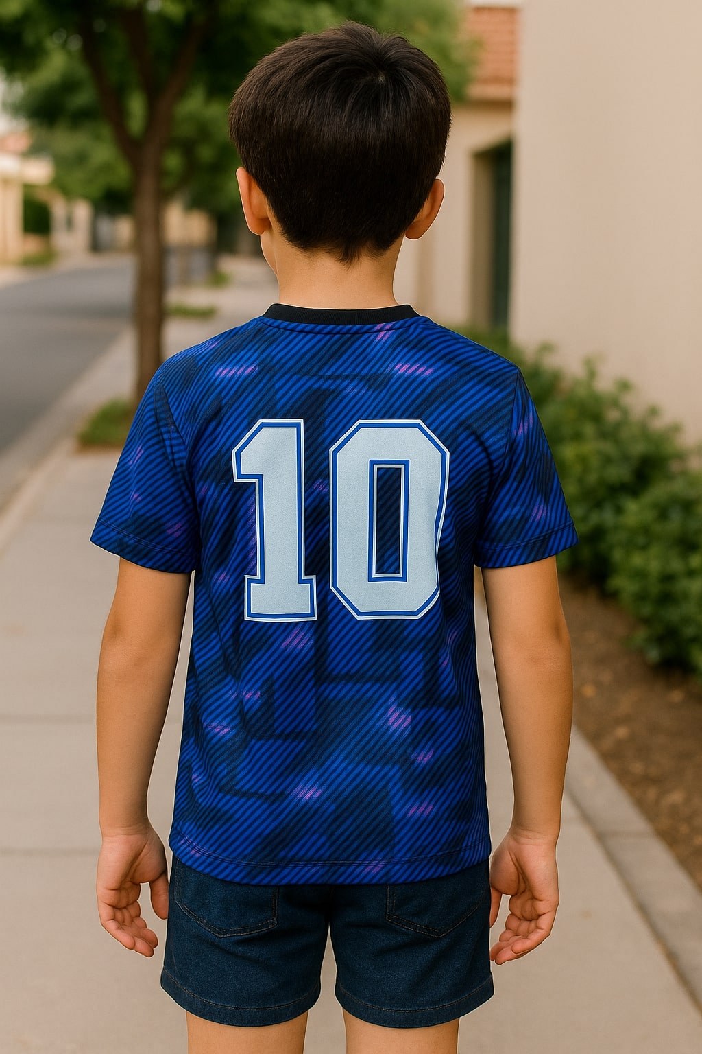 Child wearing a blue sports jersey with number 10 on a sidewalk.