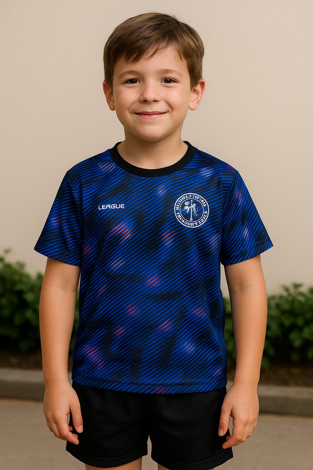 Child wearing a blue sports jersey with a logo on a beige background