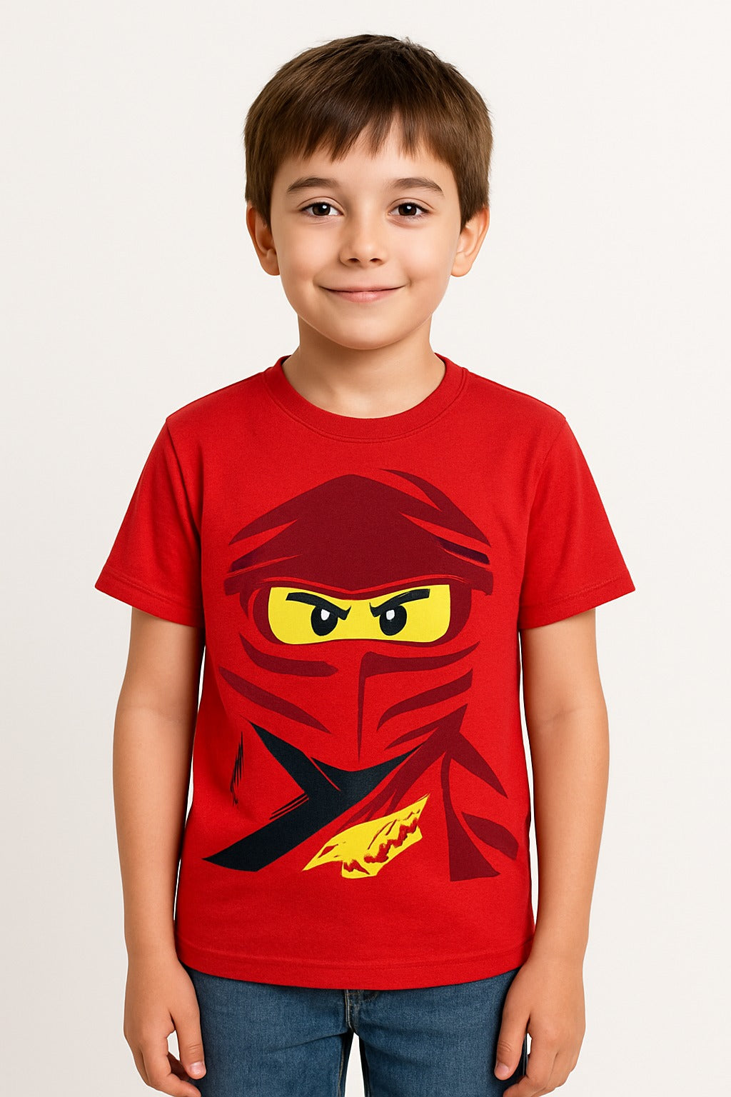 Child wearing a red t-shirt with a graphic design on a plain background