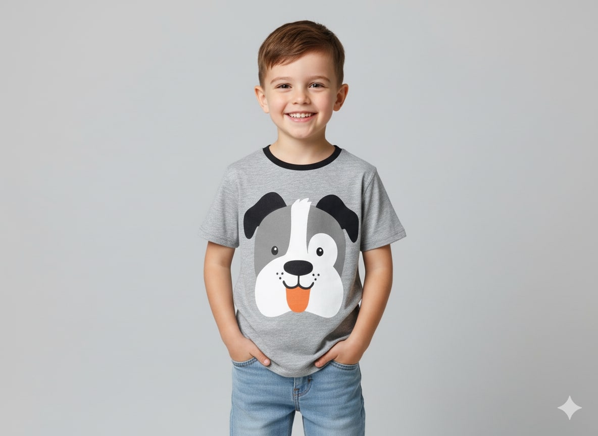 Child wearing a gray t-shirt with a dog graphic on a plain background