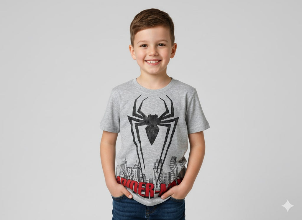 Child wearing a Spider-Man t-shirt with a cityscape design on a plain background