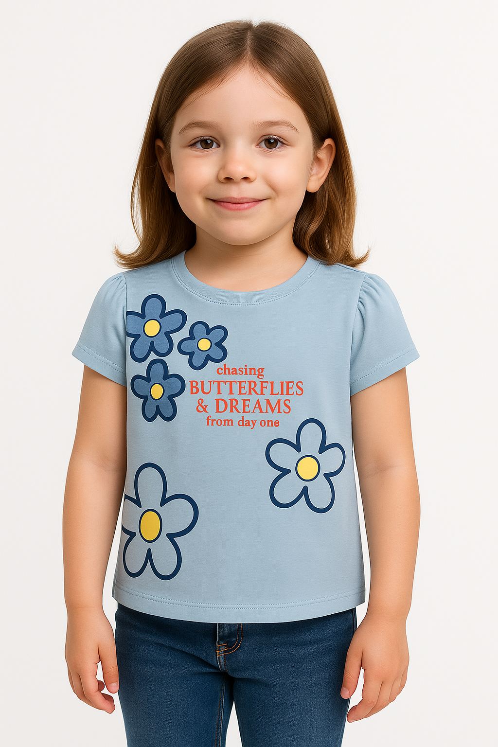 Young girl wearing a light blue t-shirt with floral designs and text on a white background