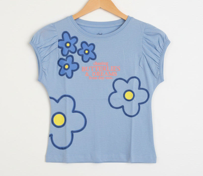 Girls Top Flowers Sky Blue