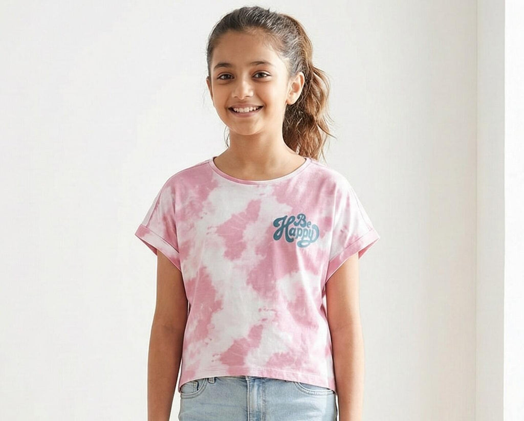 Girls Crop Top Be Happy Pink and White tie-dye