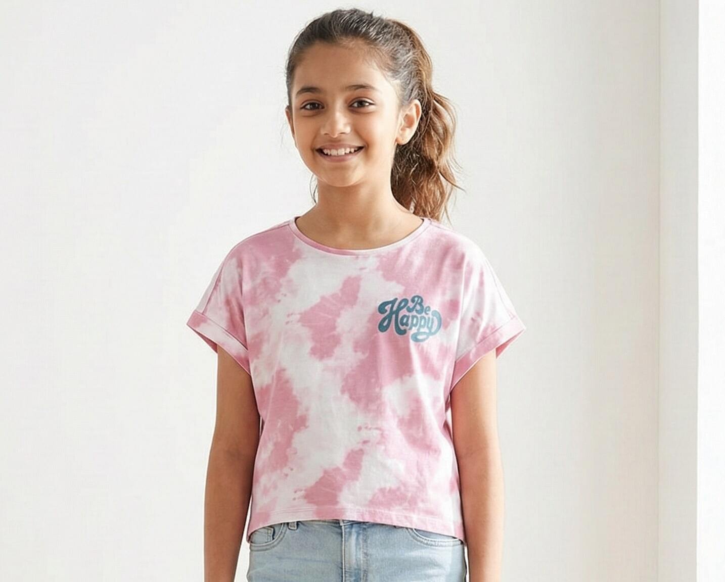 Girls Crop Top Be Happy Pink and White tie-dye