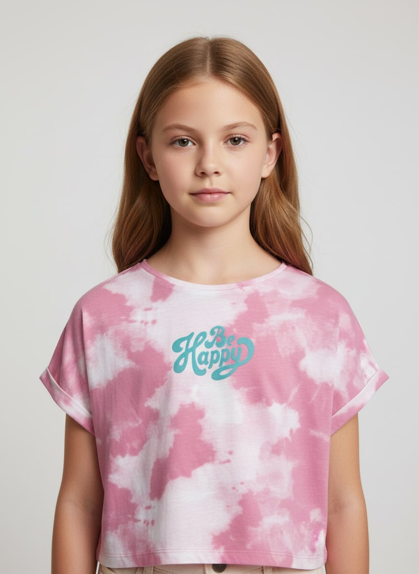 Girls Crop Top Be Happy Pink and White tie-dye