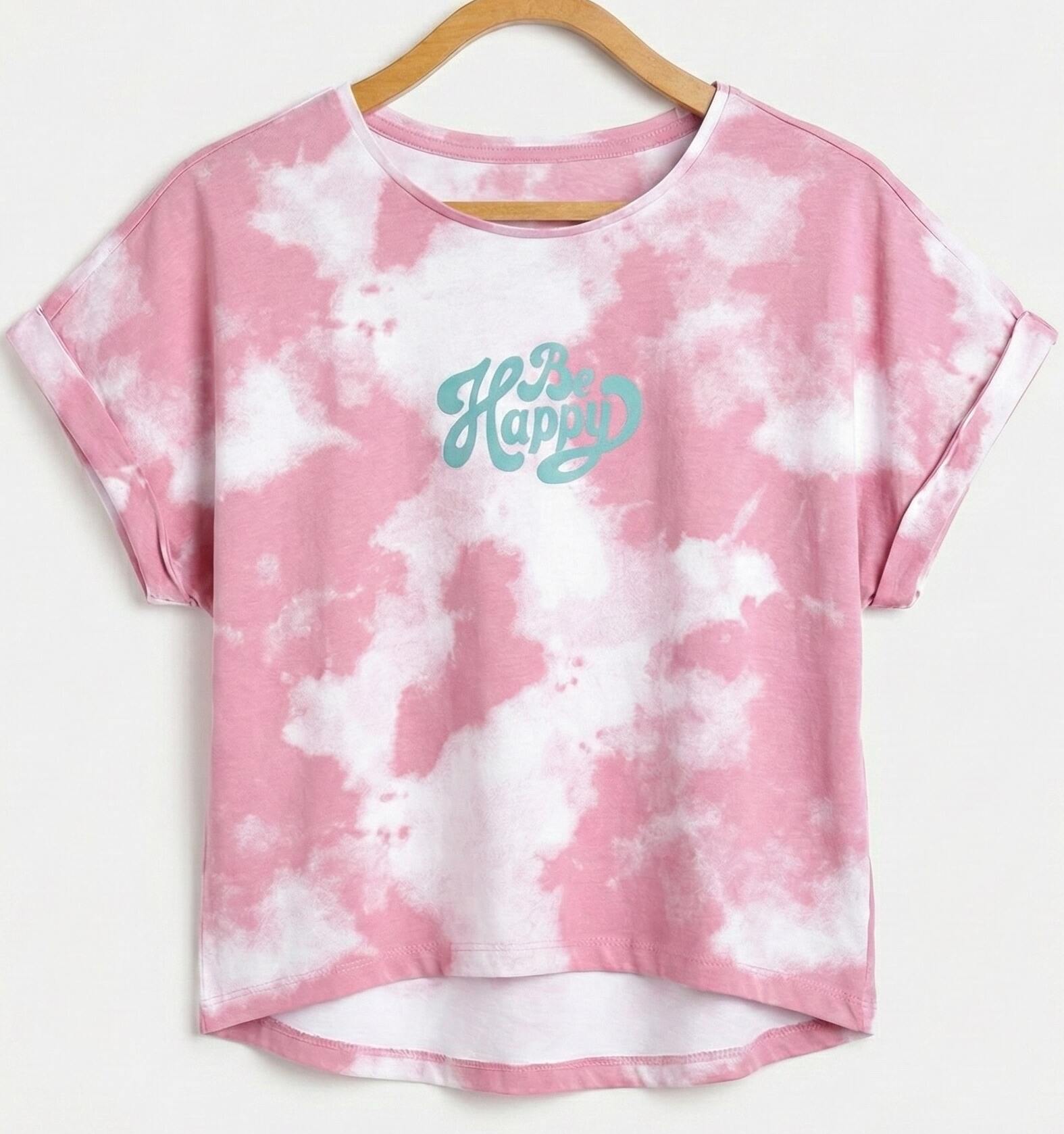 Girls Crop Top Be Happy Pink and White tie-dye