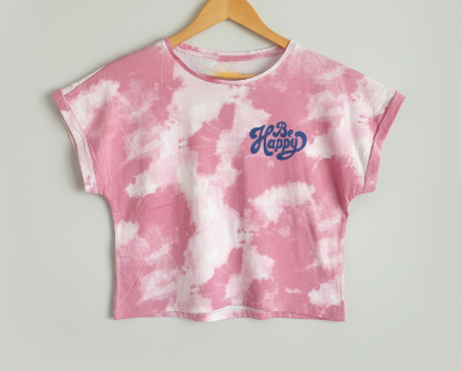 Girls Crop Top Be Happy Pink and White tie-dye
