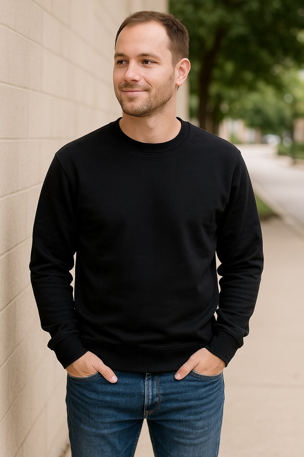 Man wearing a black sweatshirt and blue jeans standing against a beige wall with greenery in the background.